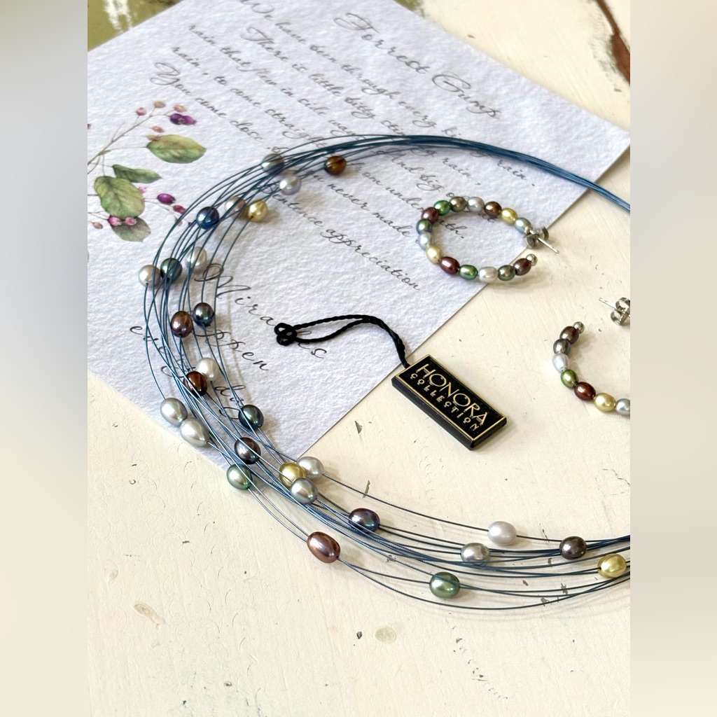 Nwt Vintage Honora Freshwater Pearl Blue Brown Necklace And Earring Set